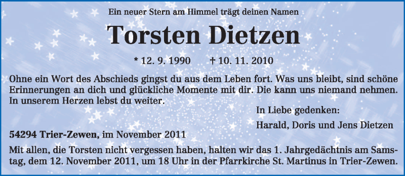  Traueranzeige für Torsten Dietzen vom 05.11.2011 aus TRIERISCHER VOLKSFREUND