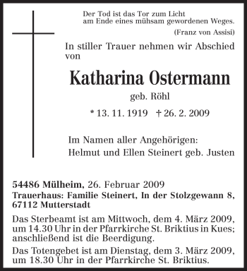 Traueranzeige von Katharina Ostermann von TRIERISCHER VOLKSFREUND