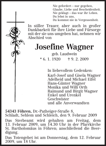 Traueranzeige von Josefine Wagner von TRIERISCHER VOLKSFREUND