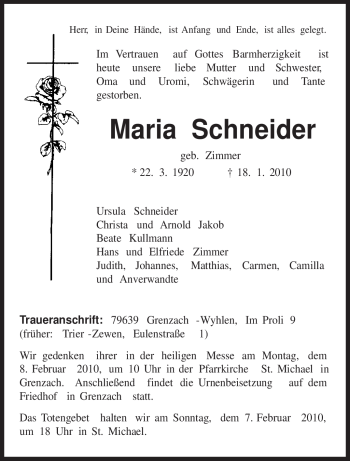 Traueranzeige von Maria Schneider von TRIERISCHER VOLKSFREUND