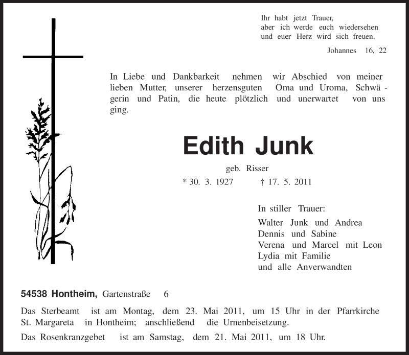  Traueranzeige für Edith Junk vom 20.05.2011 aus TRIERISCHER VOLKSFREUND