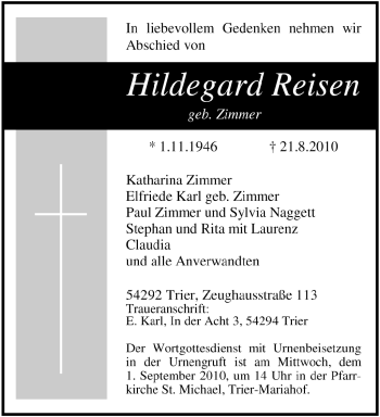 Traueranzeige von Hildegard Reisen von TRIERISCHER VOLKSFREUND