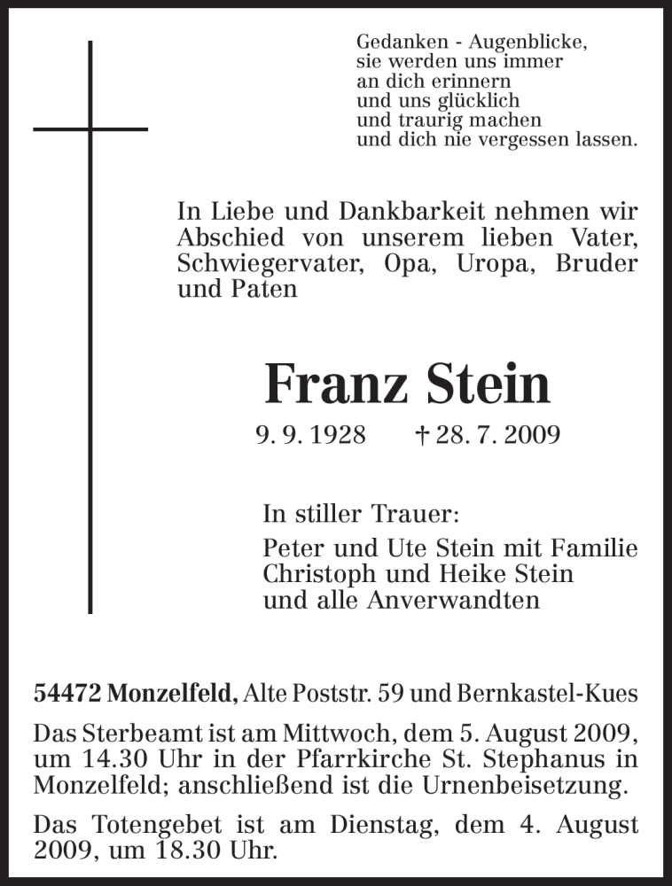  Traueranzeige für Franz Stein vom 31.07.2009 aus TRIERISCHER VOLKSFREUND