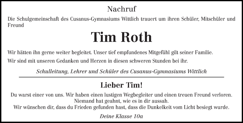  Traueranzeige für Tim Roth vom 25.04.2015 aus trierischer_volksfreund