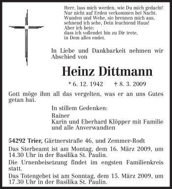 Traueranzeige von Heinz Dittmann von TRIERISCHER VOLKSFREUND