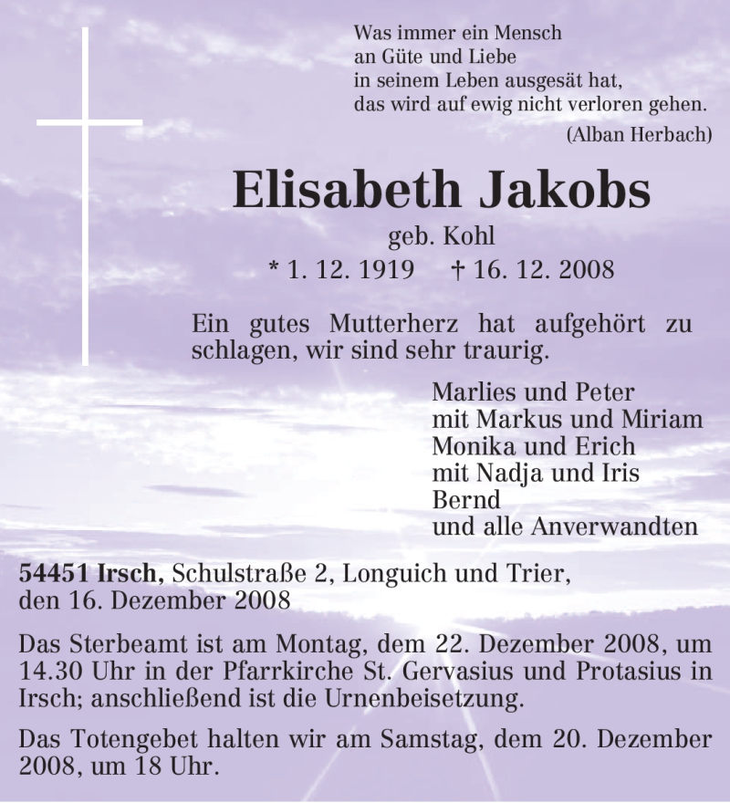  Traueranzeige für Elisabeth Jakobs vom 19.12.2008 aus TRIERISCHER VOLKSFREUND