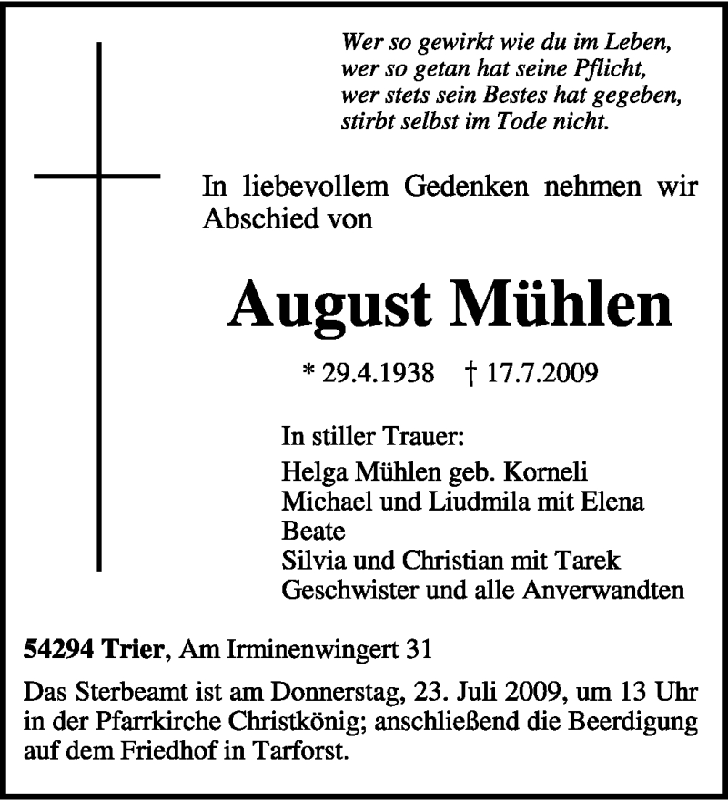  Traueranzeige für August Mühlen vom 21.07.2009 aus TRIERISCHER VOLKSFREUND