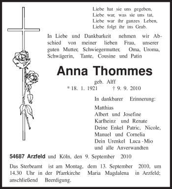 Traueranzeige von Anna Thommes von TRIERISCHER VOLKSFREUND