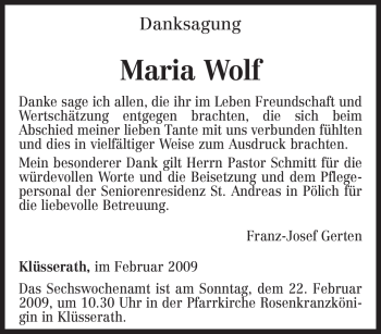 Traueranzeige von Maria Wolf von TRIERISCHER VOLKSFREUND