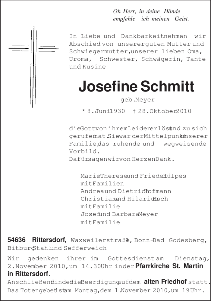  Traueranzeige für Josefine Schmitt vom 30.10.2010 aus TRIERISCHER VOLKSFREUND