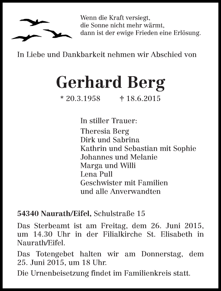  Traueranzeige für Gerhard Berg vom 22.06.2015 aus trierischer_volksfreund