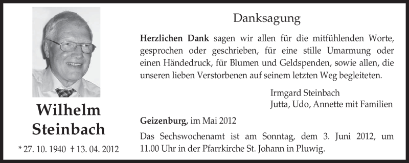  Traueranzeige für Wilhelm Steinbach vom 26.05.2012 aus TRIERISCHER VOLKSFREUND
