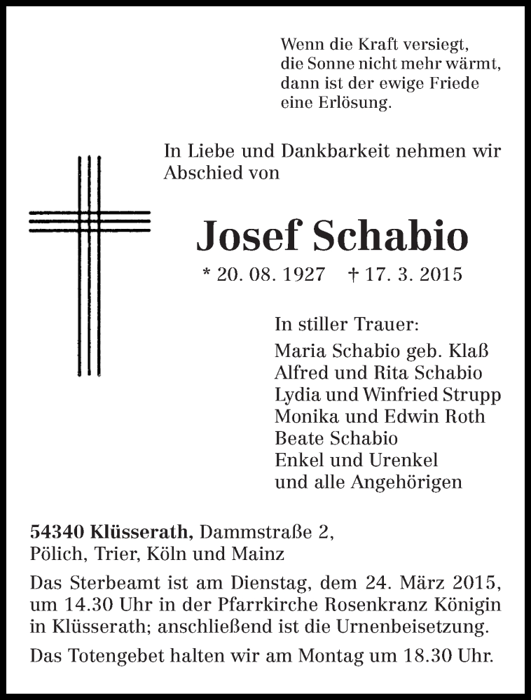  Traueranzeige für Josef Schabio vom 20.03.2015 aus trierischer_volksfreund