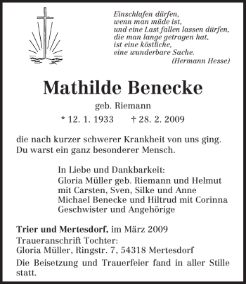 Traueranzeige von Mathilde Benecke von TRIERISCHER VOLKSFREUND