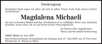 Traueranzeige von Magdalena Michaeli von TRIERISCHER VOLKSFREUND