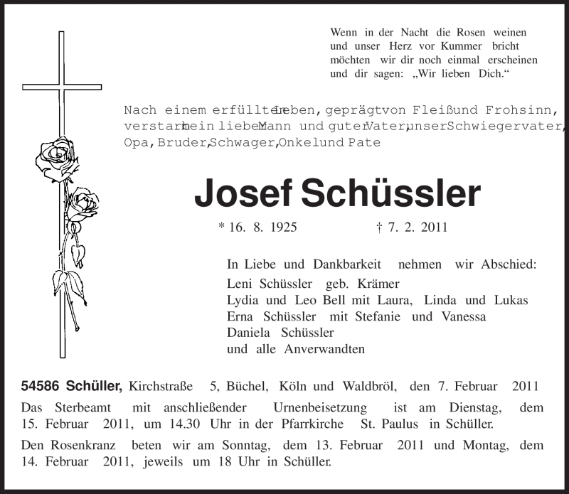  Traueranzeige für Josef Schüssler vom 09.02.2011 aus TRIERISCHER VOLKSFREUND