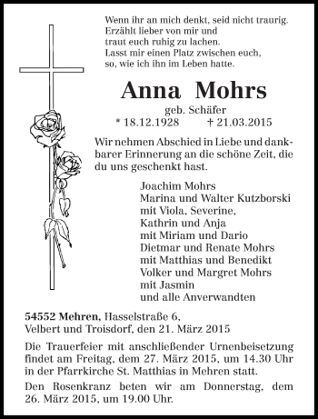 Traueranzeige von Anna Mohrs von trierischer_volksfreund
