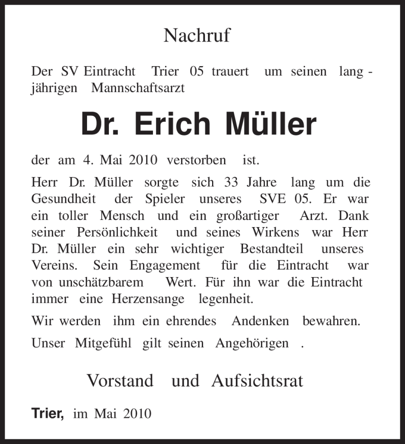  Traueranzeige für Erich Müller vom 12.05.2010 aus TRIERISCHER VOLKSFREUND