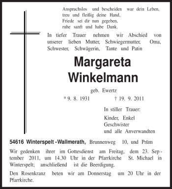 Traueranzeige von Margareta Winkelmann von TRIERISCHER VOLKSFREUND