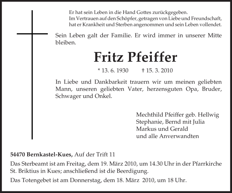  Traueranzeige für Fritz Pfeiffer vom 17.03.2010 aus TRIERISCHER VOLKSFREUND