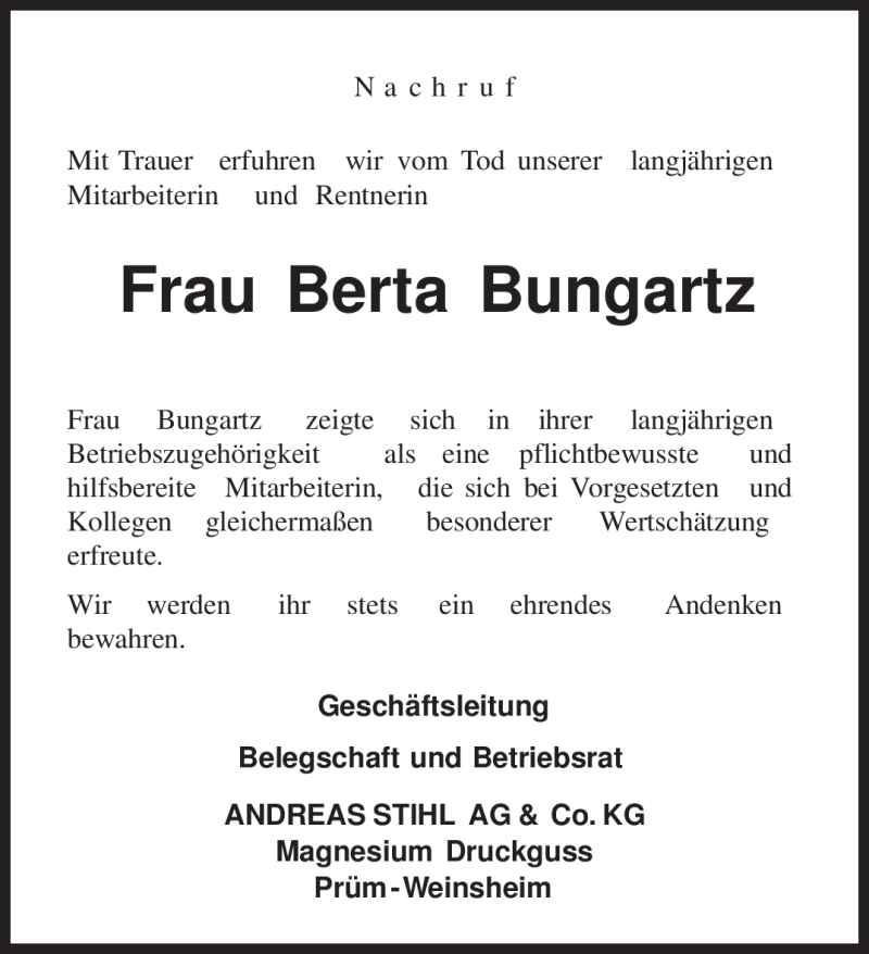  Traueranzeige für Berta Bungartz vom 30.09.2010 aus TRIERISCHER VOLKSFREUND