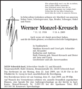 Traueranzeige von Werner Monzel-Kreusch von TRIERISCHER VOLKSFREUND