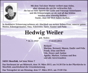 Traueranzeige von Hedwig Weiler von trierischer_volksfreund