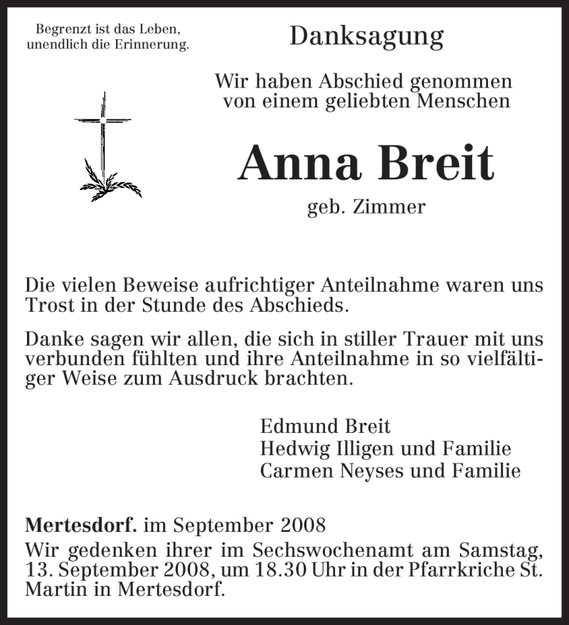  Traueranzeige für Anna Breit vom 08.09.2008 aus TRIERISCHER VOLKSFREUND