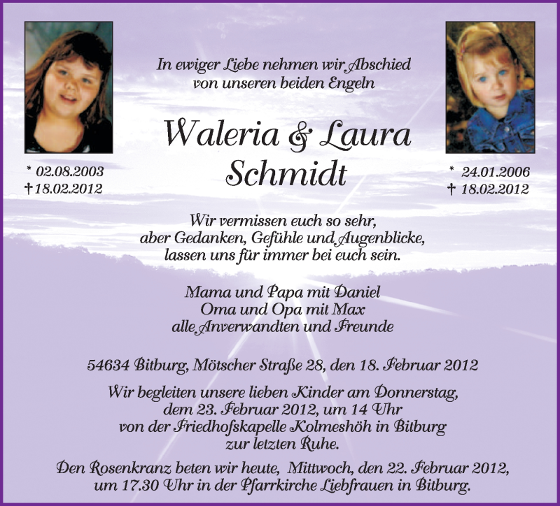  Traueranzeige für Laura Schmidt vom 22.02.2012 aus TRIERISCHER VOLKSFREUND