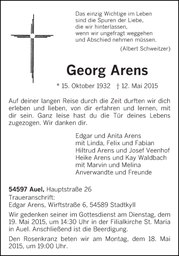 Traueranzeige von Georg Arens von trierischer_volksfreund