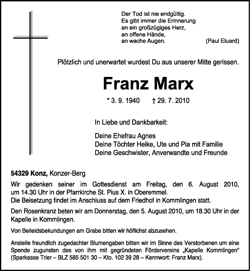  Traueranzeige für Franz Marx vom 02.08.2010 aus TRIERISCHER VOLKSFREUND