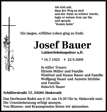 Traueranzeige von Josef Bauer von TRIERISCHER VOLKSFREUND