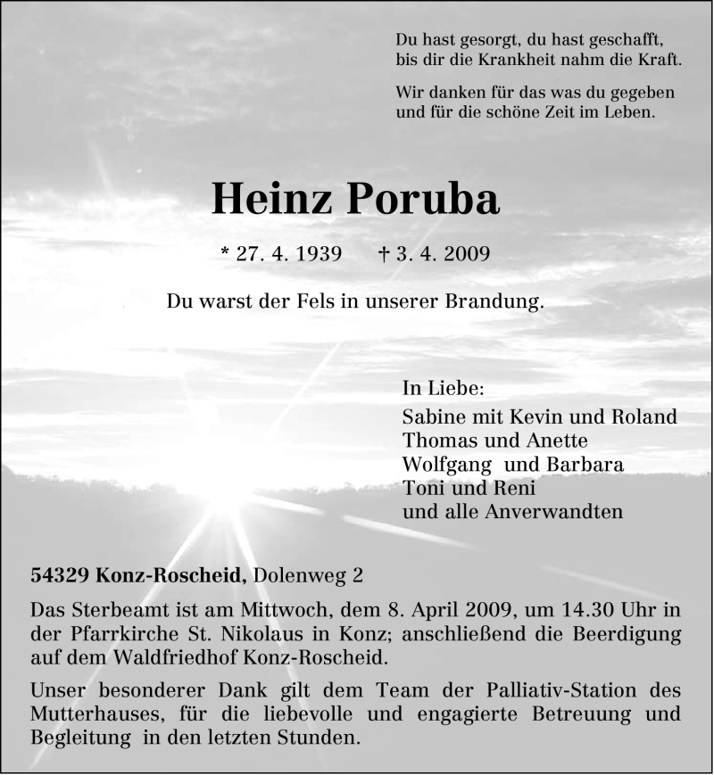  Traueranzeige für Heinz Poruba vom 06.04.2009 aus TRIERISCHER VOLKSFREUND