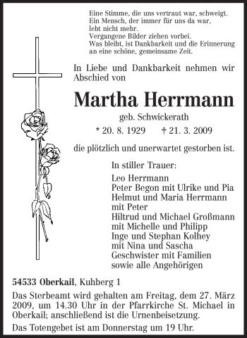 Traueranzeige von Martha Herrmann von TRIERISCHER VOLKSFREUND