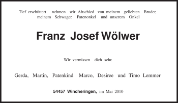 Traueranzeige von Franz Josef Wölwer von TRIERISCHER VOLKSFREUND