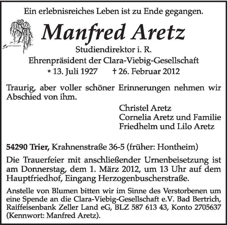  Traueranzeige für Manfred Aretz vom 28.02.2012 aus TRIERISCHER VOLKSFREUND