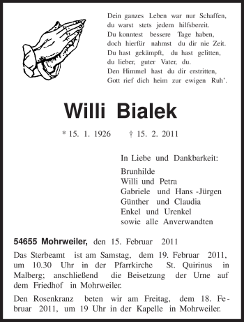 Traueranzeige von Willi Bialek von TRIERISCHER VOLKSFREUND