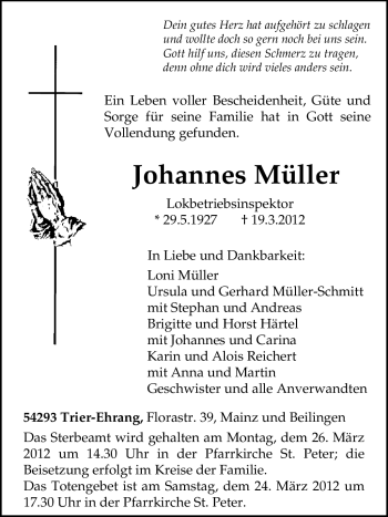 Traueranzeige von Johannes Müller von TRIERISCHER VOLKSFREUND