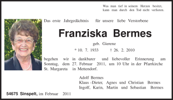 Traueranzeige von Franziska Bermes von TRIERISCHER VOLKSFREUND