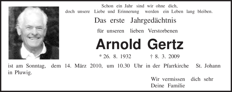  Traueranzeige für Arnold Gertz vom 06.03.2010 aus TRIERISCHER VOLKSFREUND