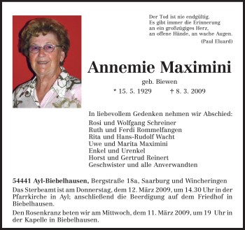 Traueranzeige von Annemie Maximini von TRIERISCHER VOLKSFREUND