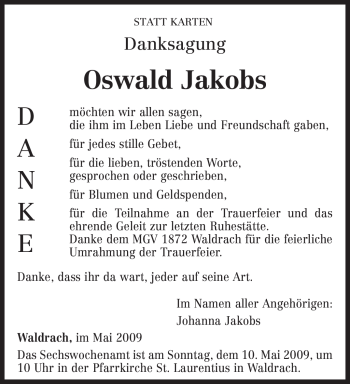 Traueranzeige von Oswald Jakobs von TRIERISCHER VOLKSFREUND