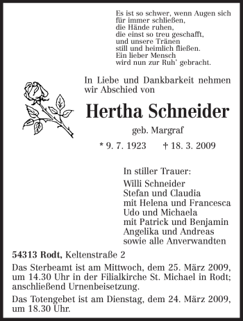 Traueranzeige von Hertha Schneider von TRIERISCHER VOLKSFREUND