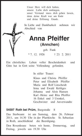 Traueranzeige von Anna Pfeiffer von TRIERISCHER VOLKSFREUND