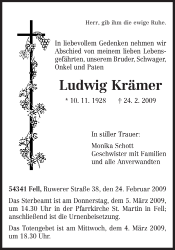 Traueranzeige von Ludwig Krämer von TRIERISCHER VOLKSFREUND