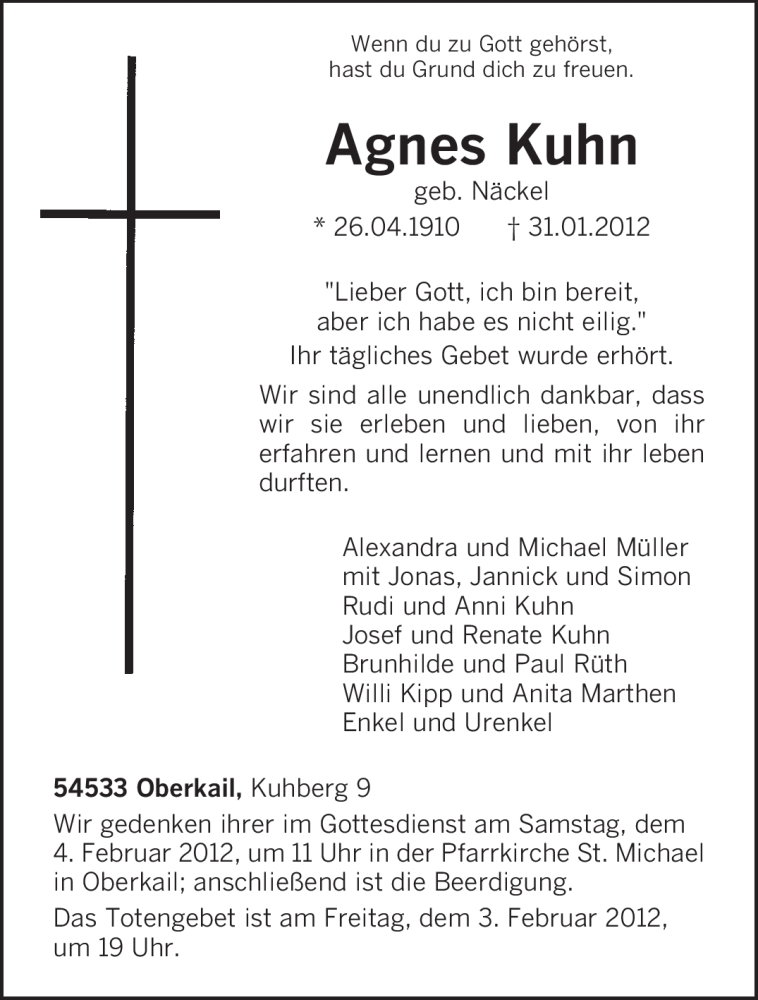  Traueranzeige für Agnes Kuhn vom 02.02.2012 aus TRIERISCHER VOLKSFREUND