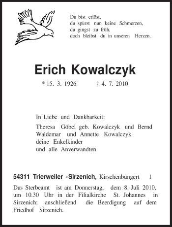 Traueranzeige von Erich Kowalczyk von TRIERISCHER VOLKSFREUND