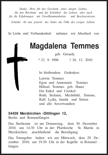 Traueranzeige von Magdalena Temmes von TRIERISCHER VOLKSFREUND