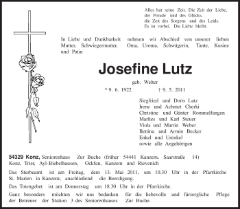 Traueranzeige von Josefine Lutz von TRIERISCHER VOLKSFREUND