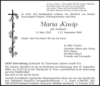 Traueranzeige von Maria Kneip von TRIERISCHER VOLKSFREUND